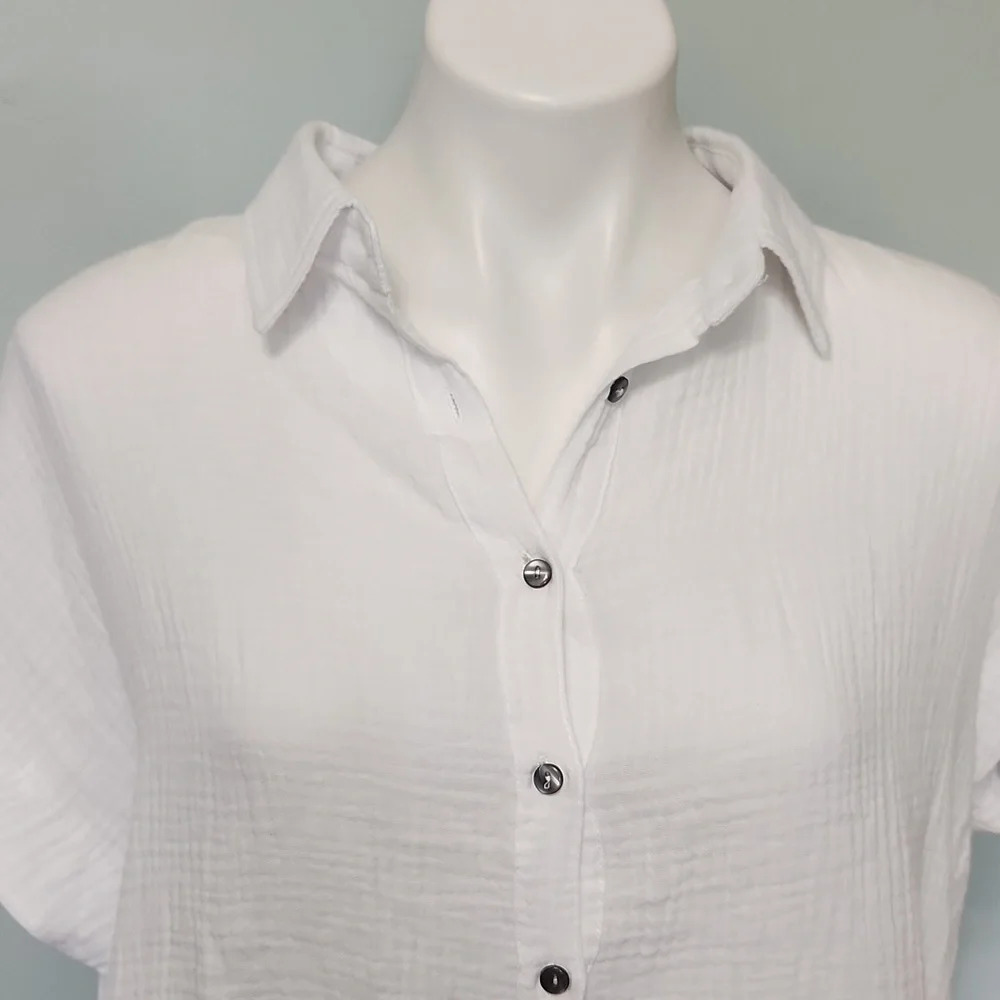 Faroro White Button Down Top High Low Lightweight Summer Blouse - Picture 3 of 12